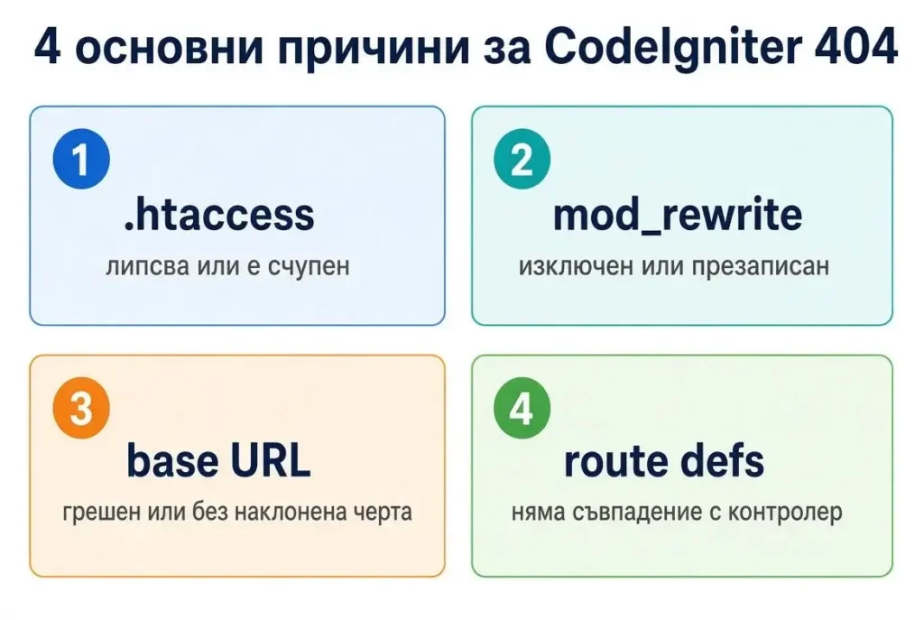 CodeIgniter 404 Page Not Found: причини и решения (с примери с код), Какво причинява грешка CodeIgniter 404 Page Not Found?